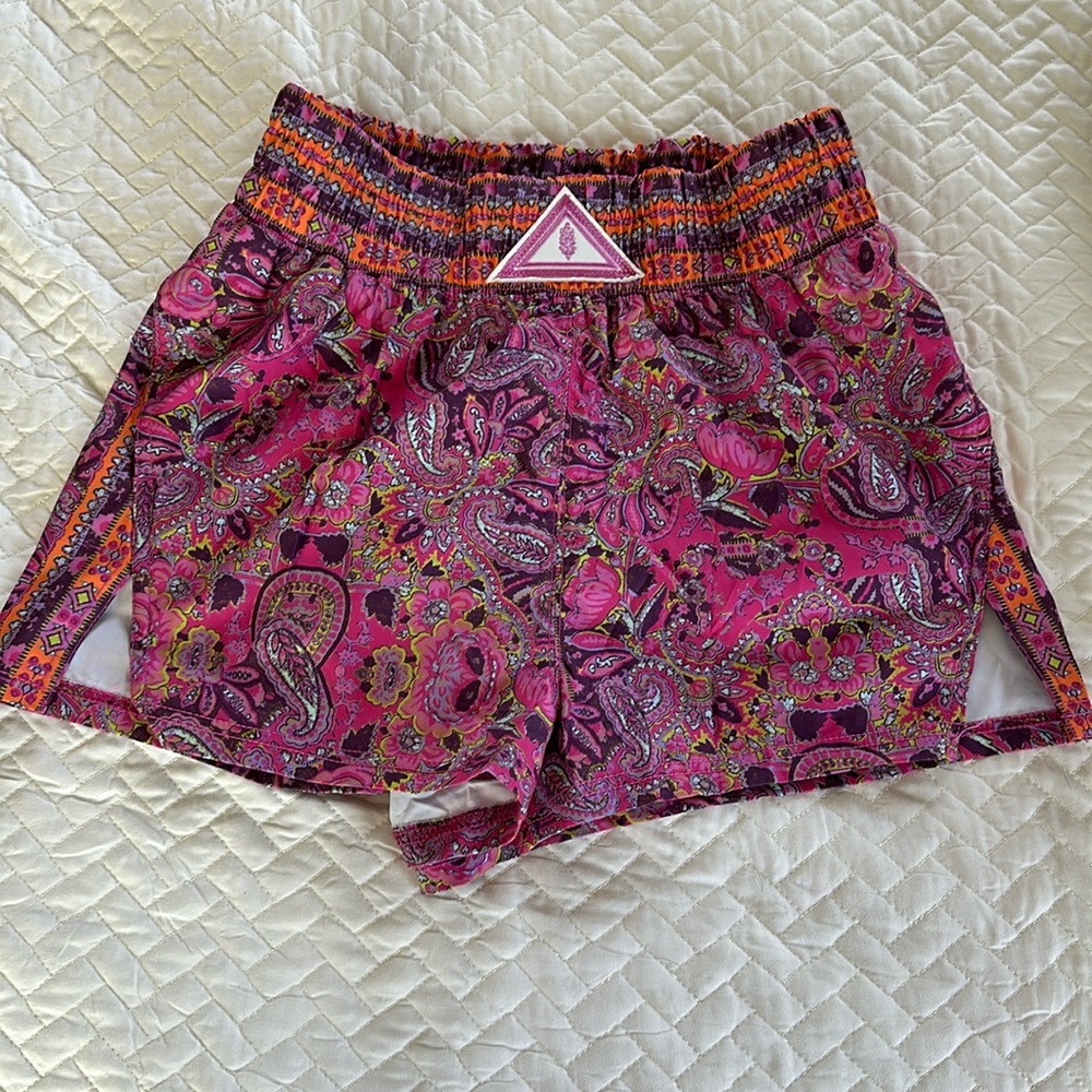 Free People Pink Paisley High-Waist Elastic Shorts